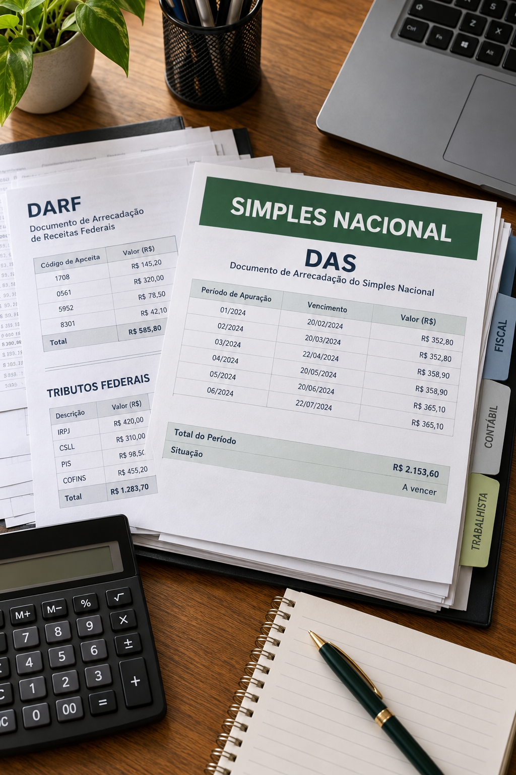 Documentos ilustrativos de tributos brasileiros: Simples Nacional, DAS e DARF